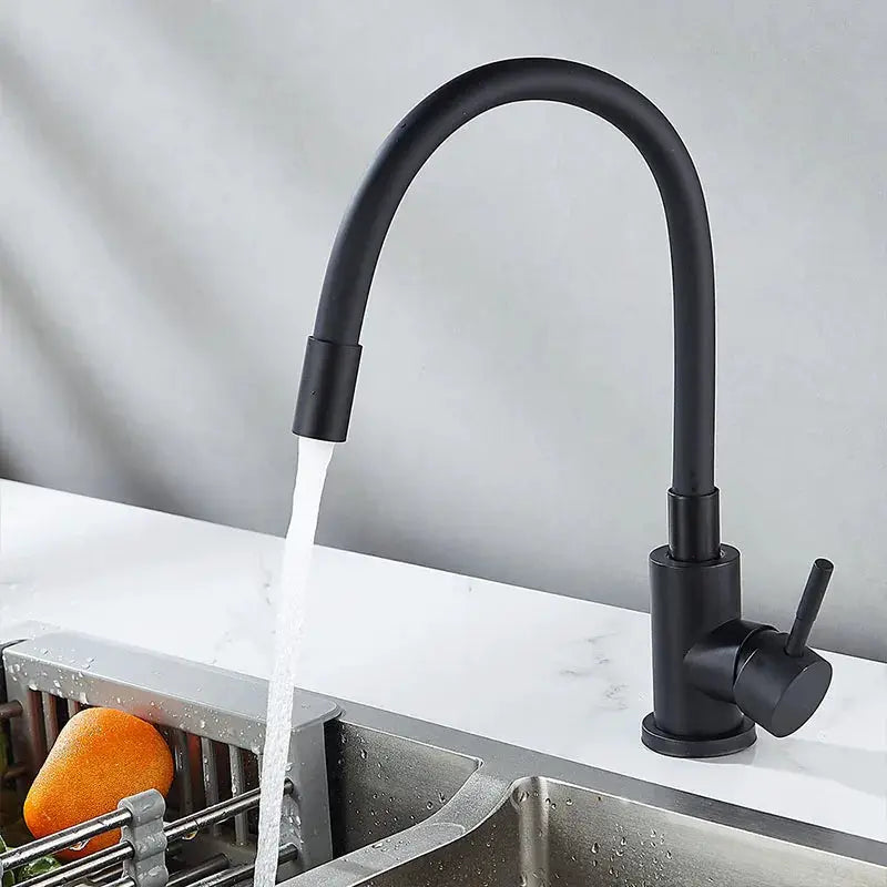 Simples Market universal black swivel kitchen faucet, tall arched deck-mounted hot and cold mixer.