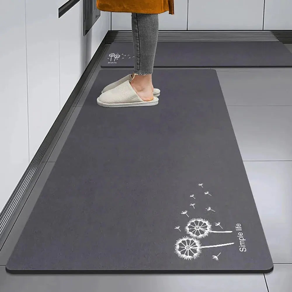 Simples Market non-slip long gray crystal velvet kitchen mat; absorbent with white dandelion wheel design