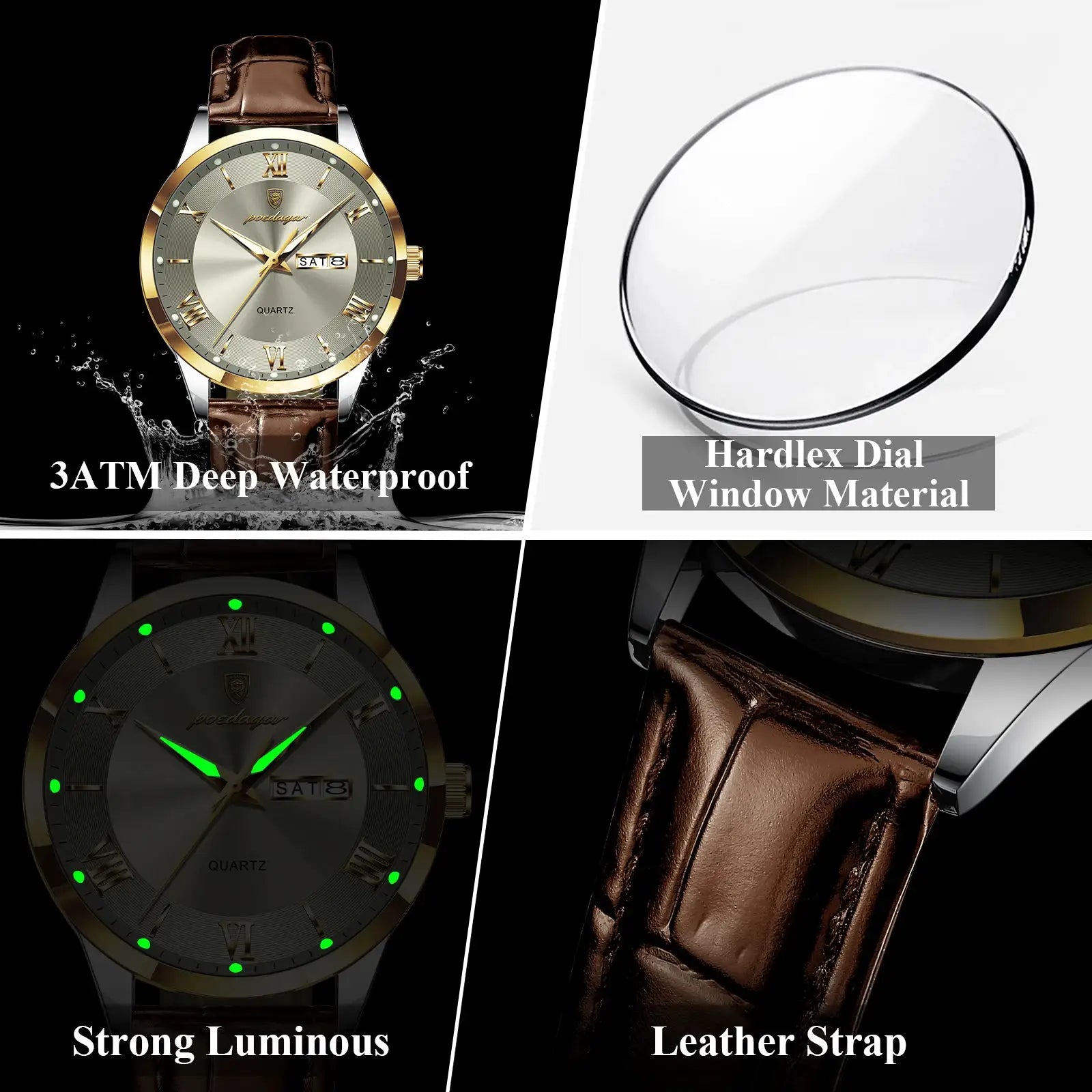 POEDAGAR Original Men Leather Strap Quartz Watch Luminous Waterproof Stainless Steel Case Timepiece