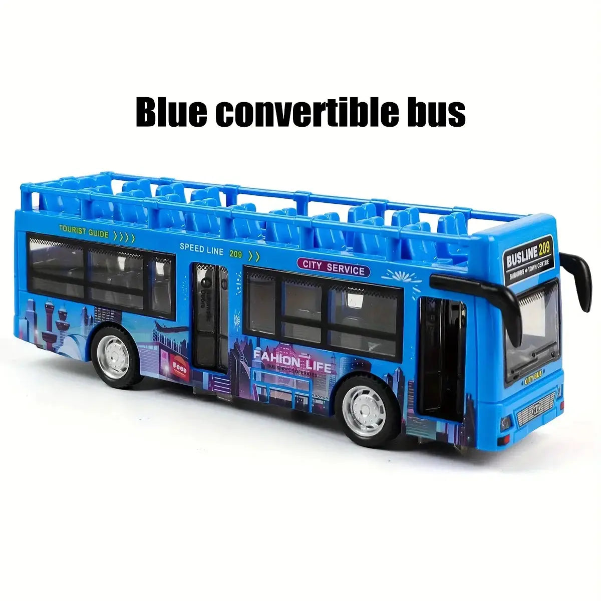 Double Decker Sightseeing Bus Model Die Cast Pull Back Toy Open Doors with Light Music for Boys