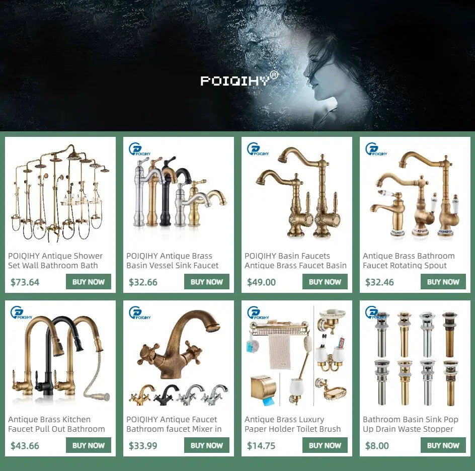 POIQIHY antique brass bathroom faucet collection, 12-piece deck-mounted taps with two handles