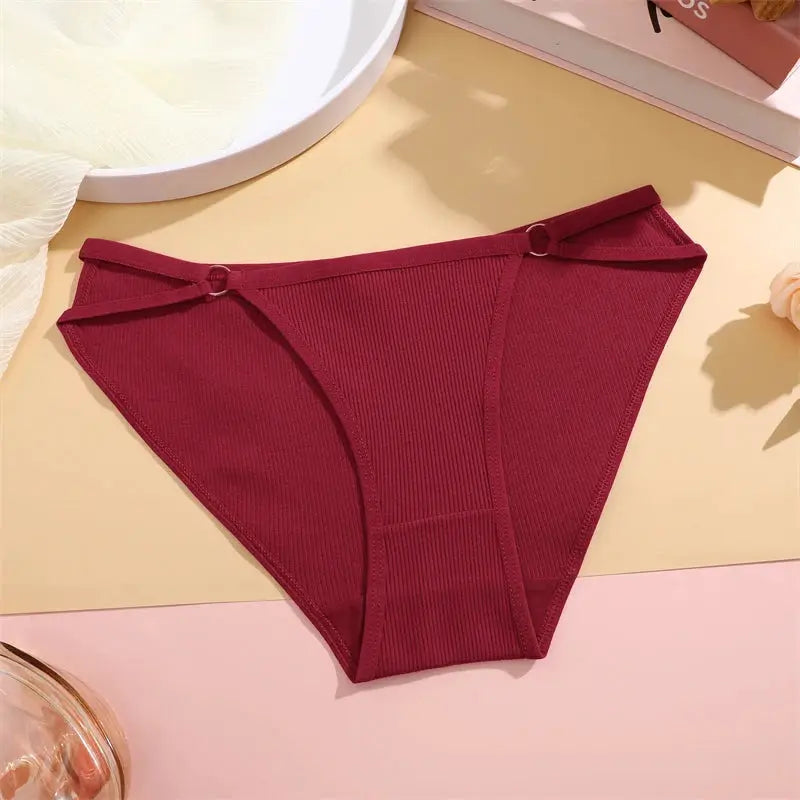 3pc women's panties set: burgundy ribbed cotton bikini briefs with side ring details
