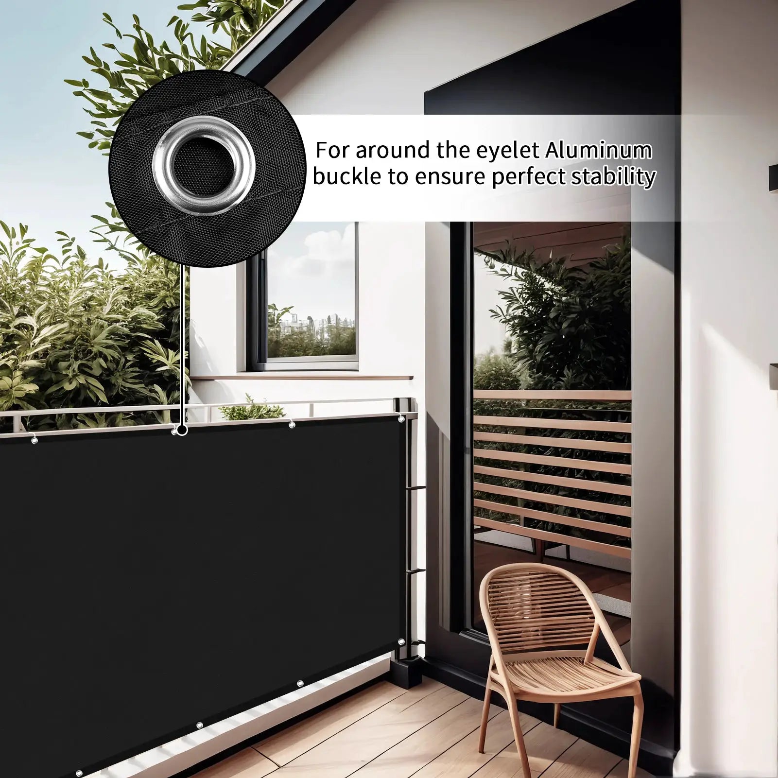 Waterproof sun shade cloth by Simples Market for outdoor patios, black fabric with grommets on a balcony railing
