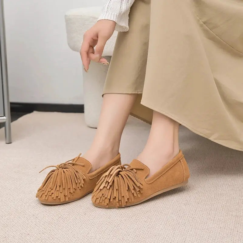 AIYUQI Women Genuine Leather Tassel Loafers Mary Jane Flat Shoes
