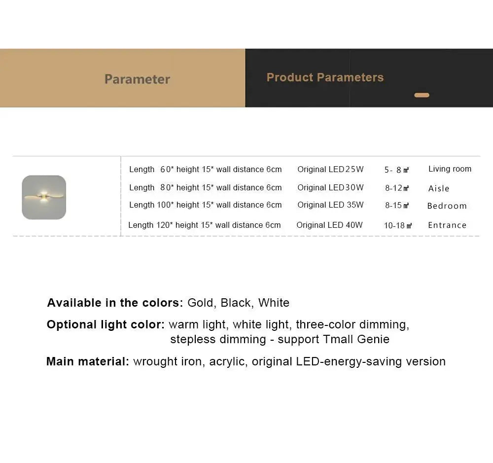 Simples Market Moder LED Wall Lamp Long Strip for bedroom and living room; available in gold, black, white.