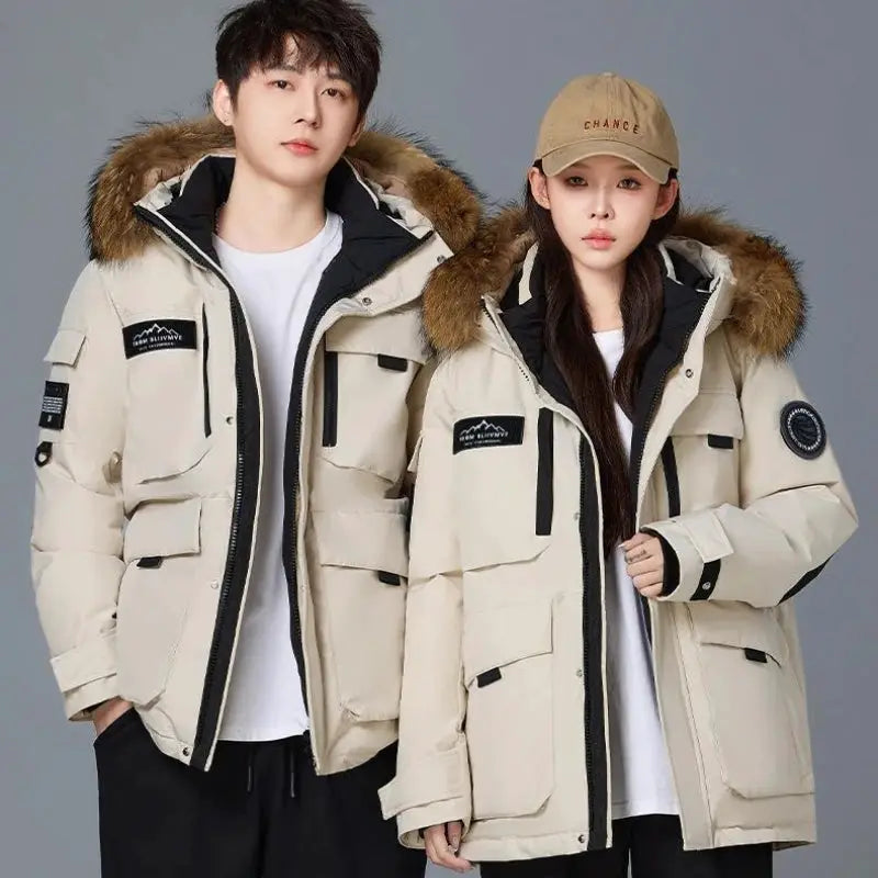 Simples Market beige hooded fur-collar down parka coats, waterproof winter jackets for men and women (2 models)