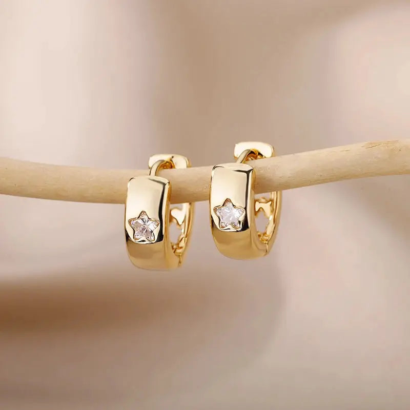 Zircon Star Hoop Earrings For Women Stainless Steel Gold Color Huggie Earrings Trendy Wedding Jewelry