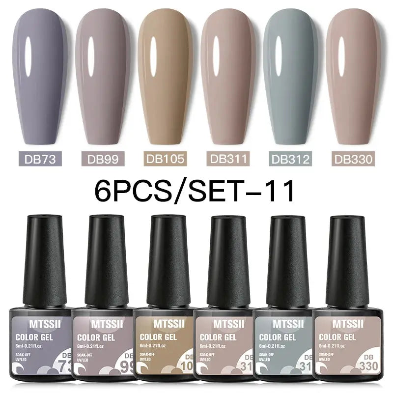 Gel nail polish set, 6-piece MTSSII color gel bottles in lavender to taupe tones
