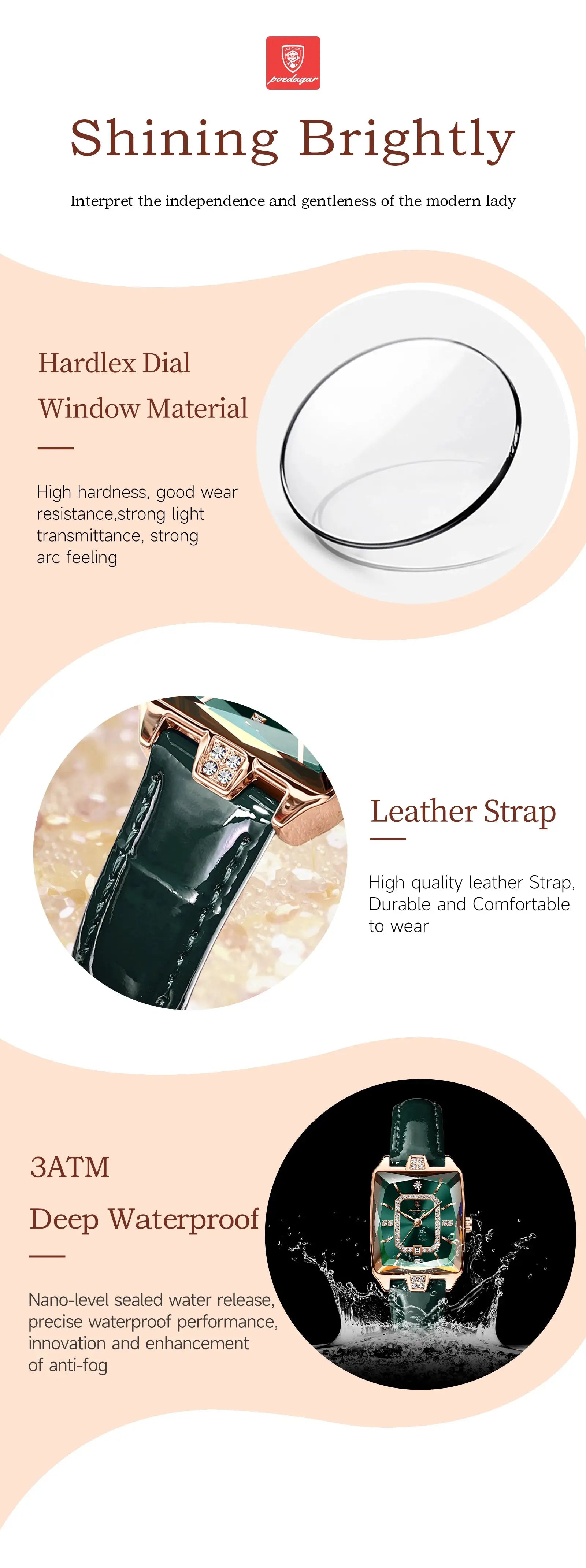 POEDAGAR luxury women's wristwatch with green leather strap, gold case and date, 3ATM waterproof
