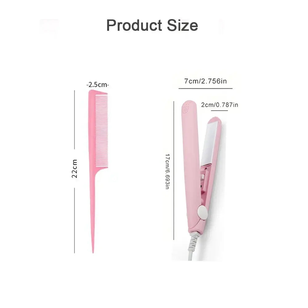 Pink ceramic flat iron hair straightener with floating plates; pink comb included, two-item set.