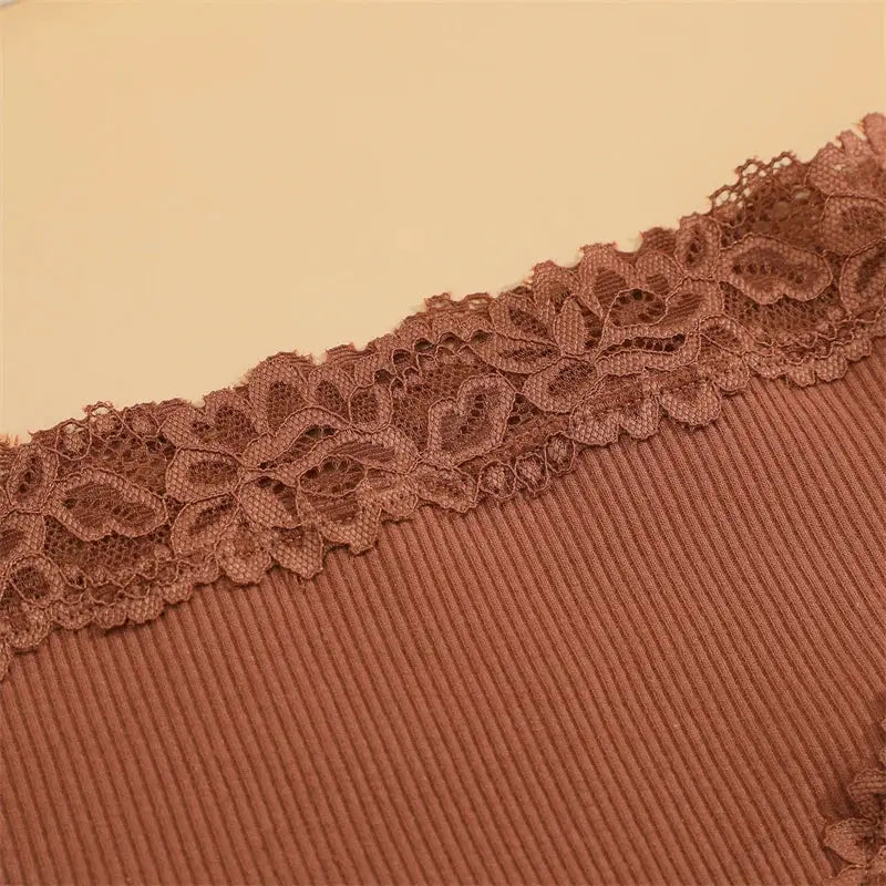 5-piece women's cotton panties set with brown floral lace trim on ribbed fabric
