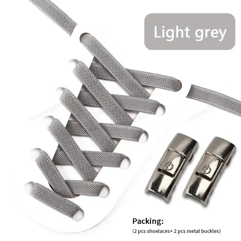 Simples Market elastic press-lock shoelaces, light gray 8mm widened flat no-tie, includes 2 laces and 2 metal buckles
