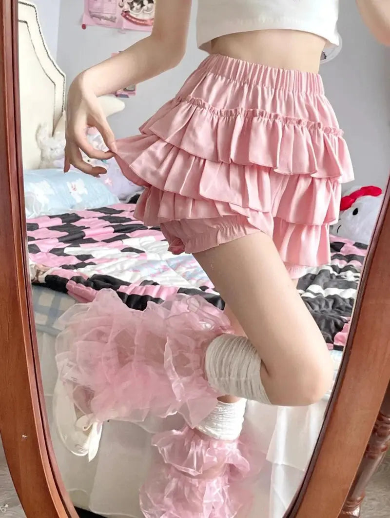 MEXZT Y2K Sweet Ruffles Mini Skirt by Simples Market, pink high-waist layered ruffle skirt