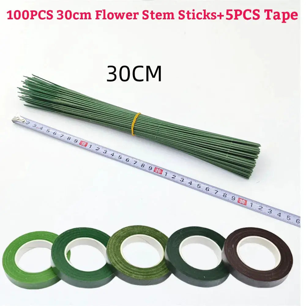 Green Flower Stem Sticks DIY Floral Material Handmade Wire Stem Self Adhesive Floriculture Tape Paper Tape For Bouquets