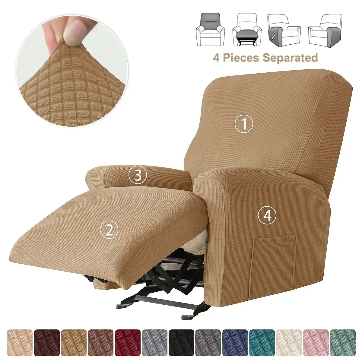 Simples Market recliner sofa cover 4-piece set in tan stretch-spandex fabric