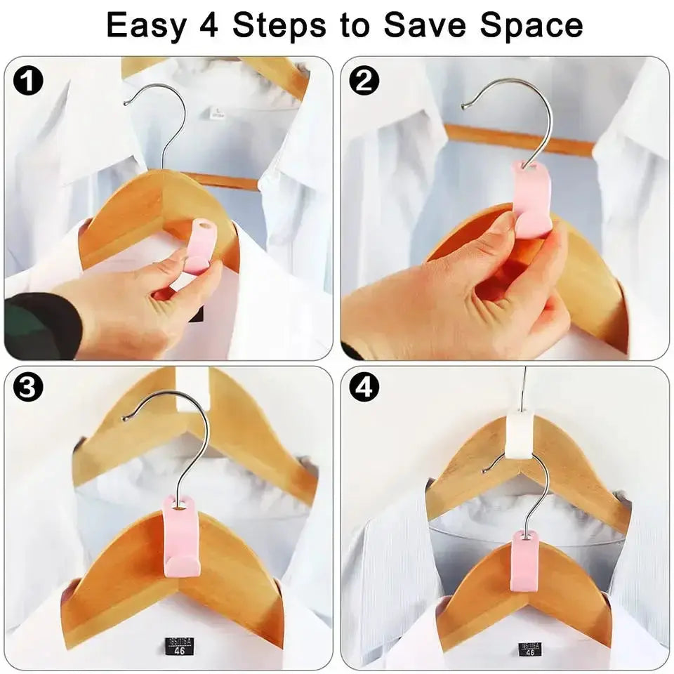 Pink plastic mini wardrobe hanger connector for cascading closet storage; 4-step demo