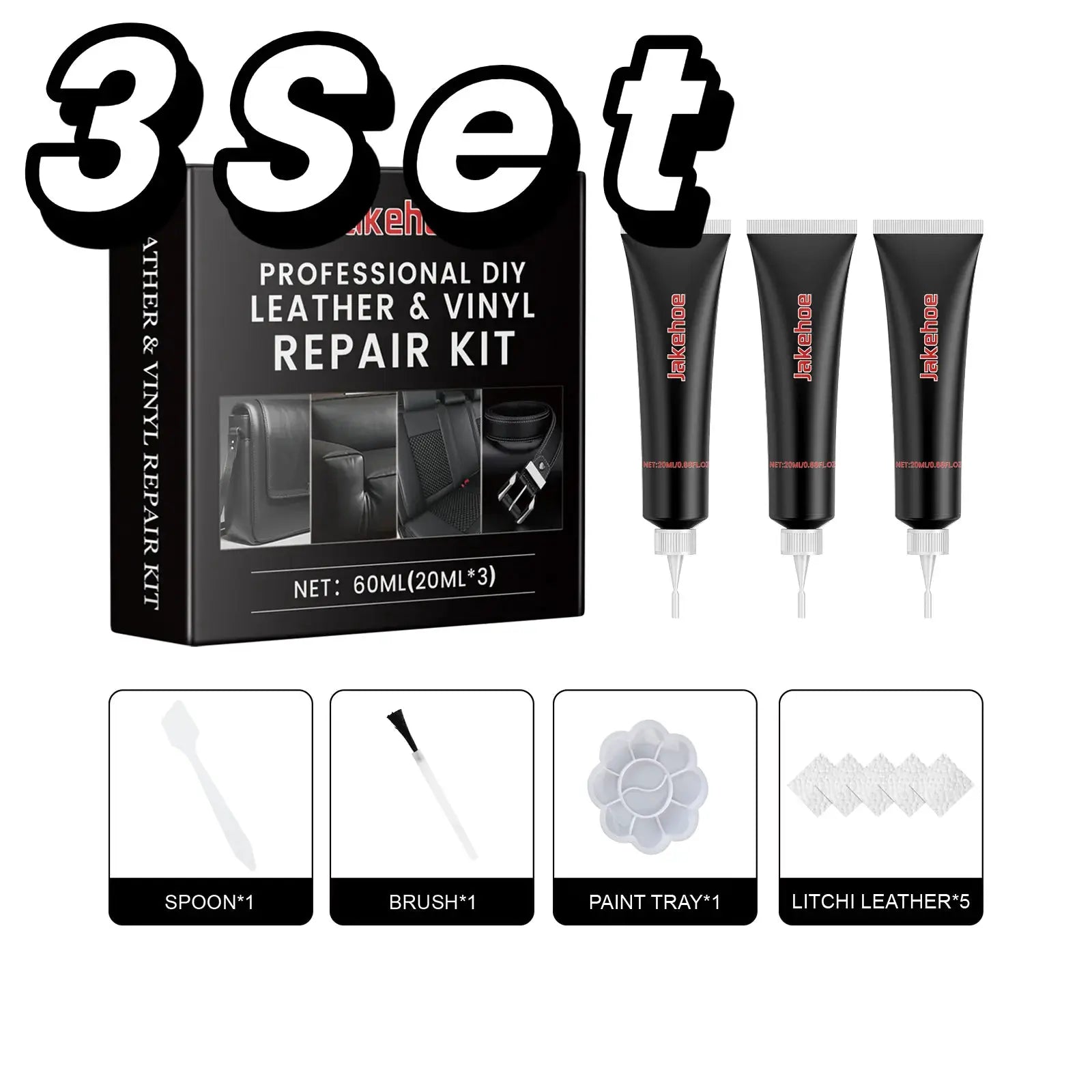 Leather & vinyl repair kit for car interiors by Simples Market; black box with 3×20ml tubes and tools