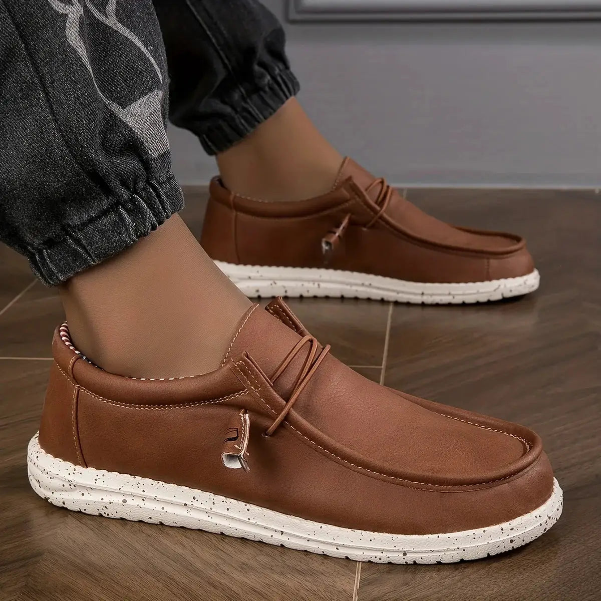 Men's brown loafers slip-on leather shoes with white speckled vulcanized sole by Simples Market