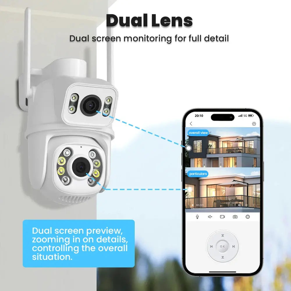 4K 8MP dual-lens outdoor wireless security IP camera with PTZ, auto-tracking and external Wi‑Fi