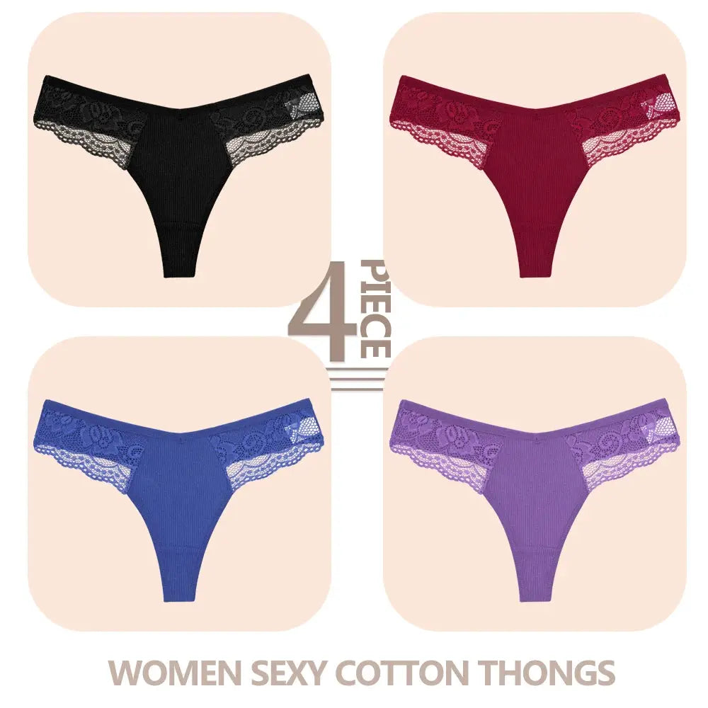 4-piece women cotton lace thong set, V-waist, breathable underwear by Simples Market in black, red, blue, purple