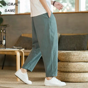 Mens Cotton Linen Solid Color Casual Pants Breathable Loose Fit Trousers With Drawstring Waist Streetwear