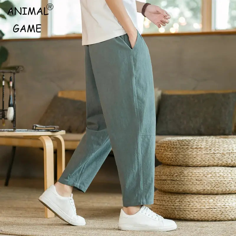 Mens Cotton Linen Solid Color Casual Pants Breathable Loose Fit Trousers With Drawstring Waist Streetwear