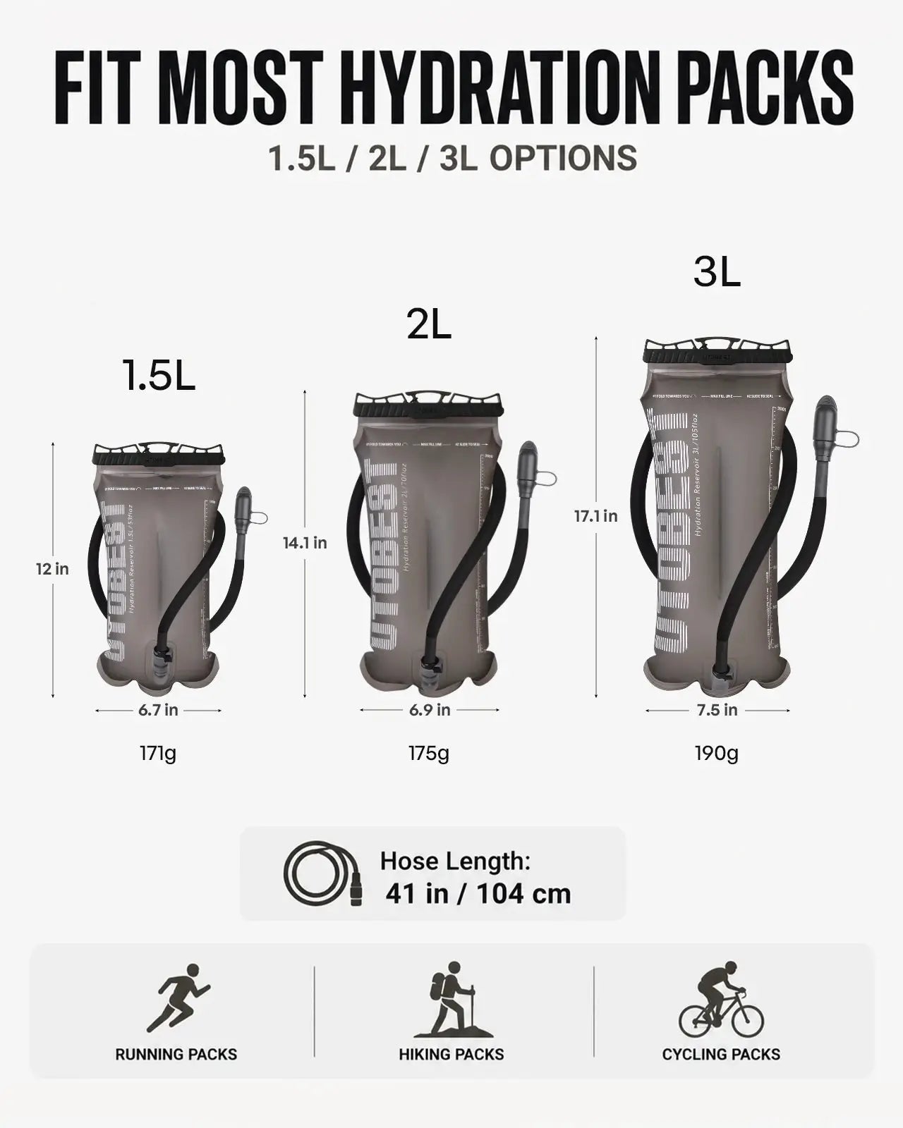 Three UTOBEST hydration packs with 1.5L/2L/3L capacities, gray TPU water bladders