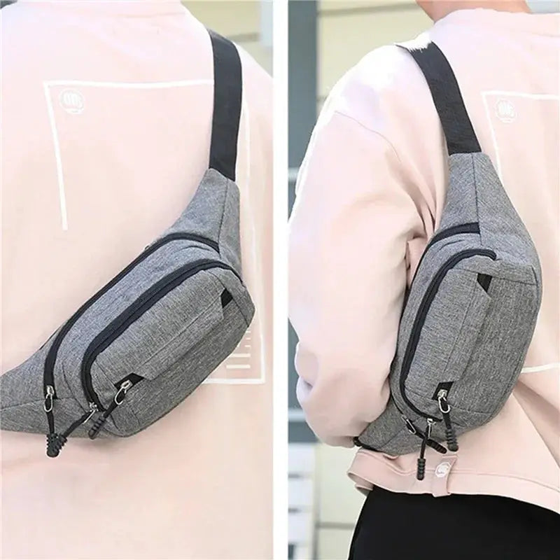 Waist bag Simples Market gray fabric with dual zip pockets and adjustable black strap
