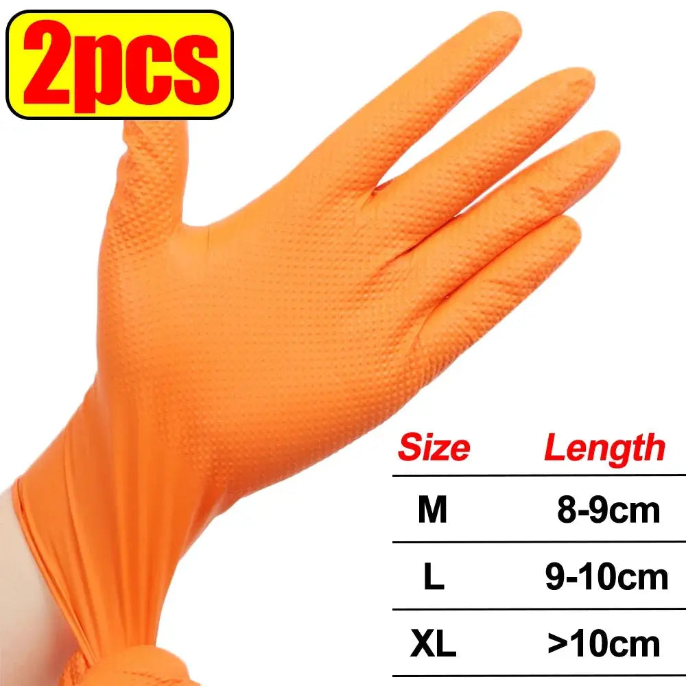 Heavy-duty nitrile gloves, 2pcs orange with textured anti-slip grip; 8mil thick, sizes M/L/XL
