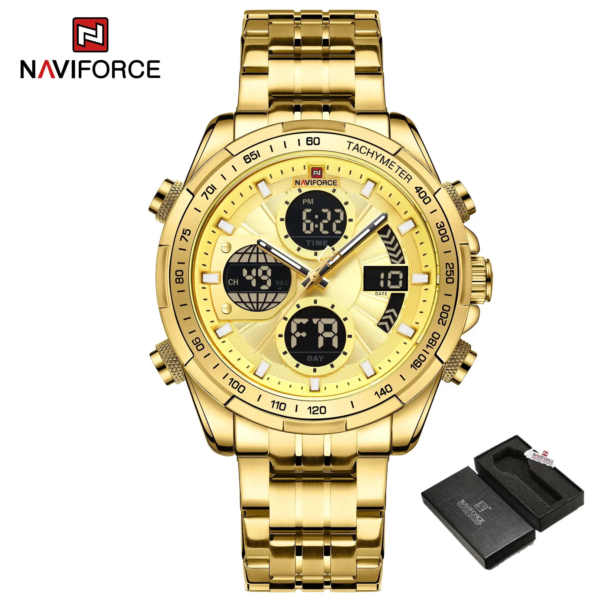 NAVIFORCE gold-tone men's military chronograph watch with metal bracelet; includes two black boxes.