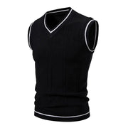 Men's black knitted V-neck sleeveless vest by Simples Market, slim fit with white trim