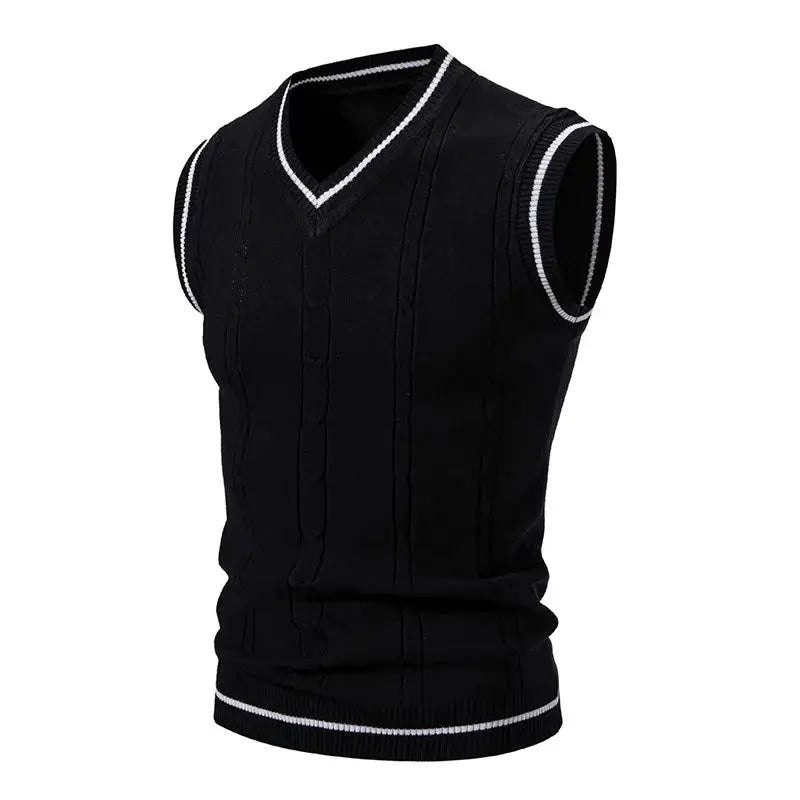 Men's black knitted V-neck sleeveless vest by Simples Market, slim fit with white trim