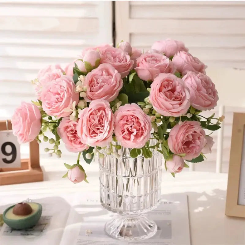 30cm Rose Pink Silk Peony Bouquet With Five Large Heads And Four Buds For Wedding And Home Decor Artificial Flower