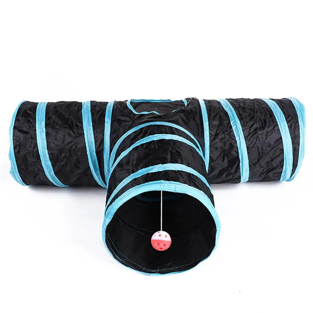 Cat tunnel from Simples Market, foldable black with blue trim and hanging pink ball toy.