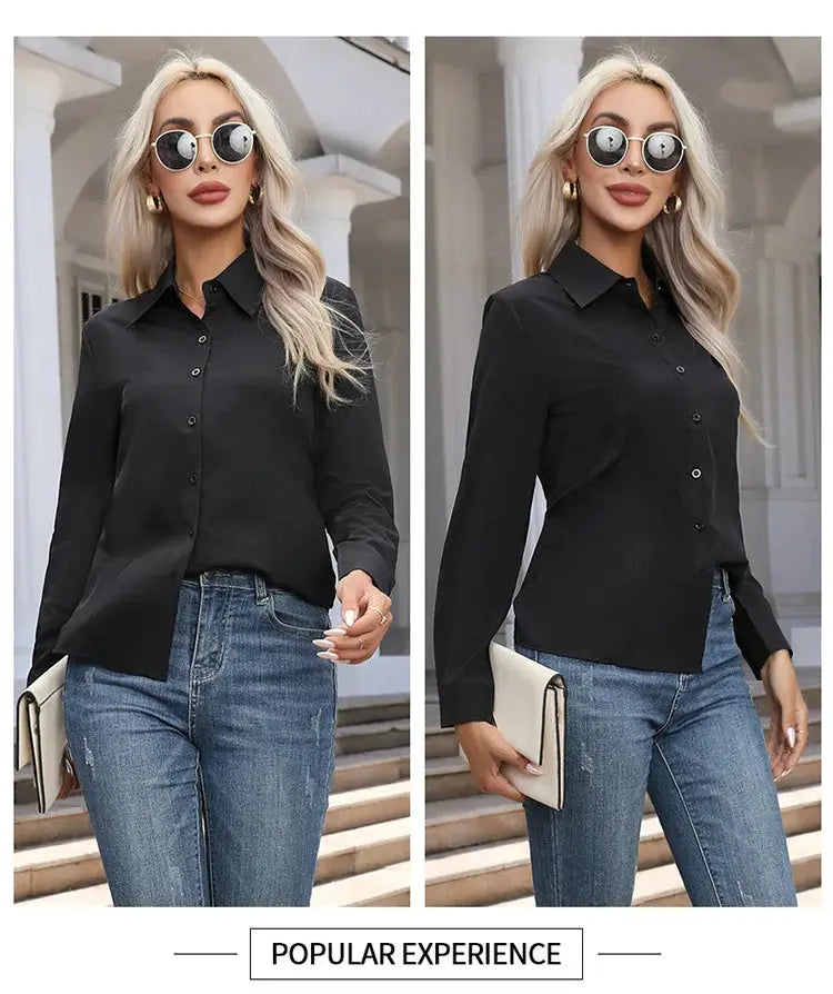 Women black chiffon button-down blouse with long sleeves and turn-down collar, paired with blue jeans.