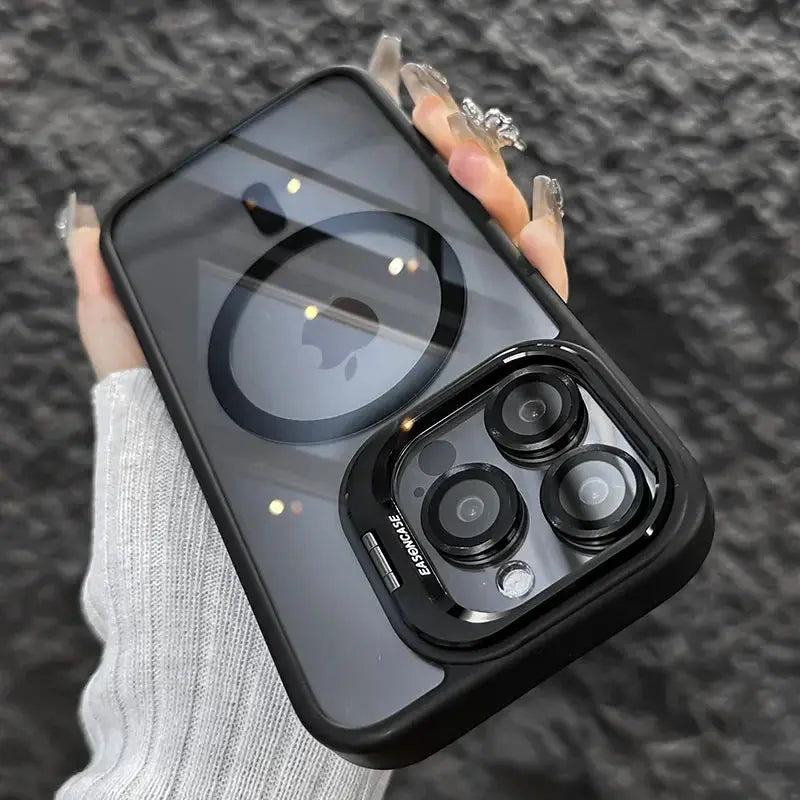 LuxGuard Luxury Magnetic Shockproof Phone Case for iPhone 11 to 16 Pro Max with Stand and Lens Protection
