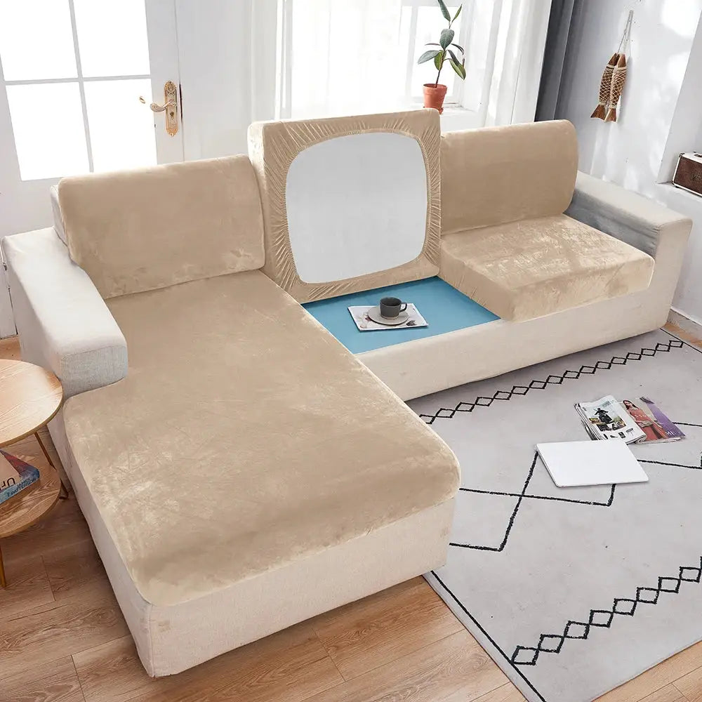 Plush beige sofa slipcover with anti-slip elastic for living room couch