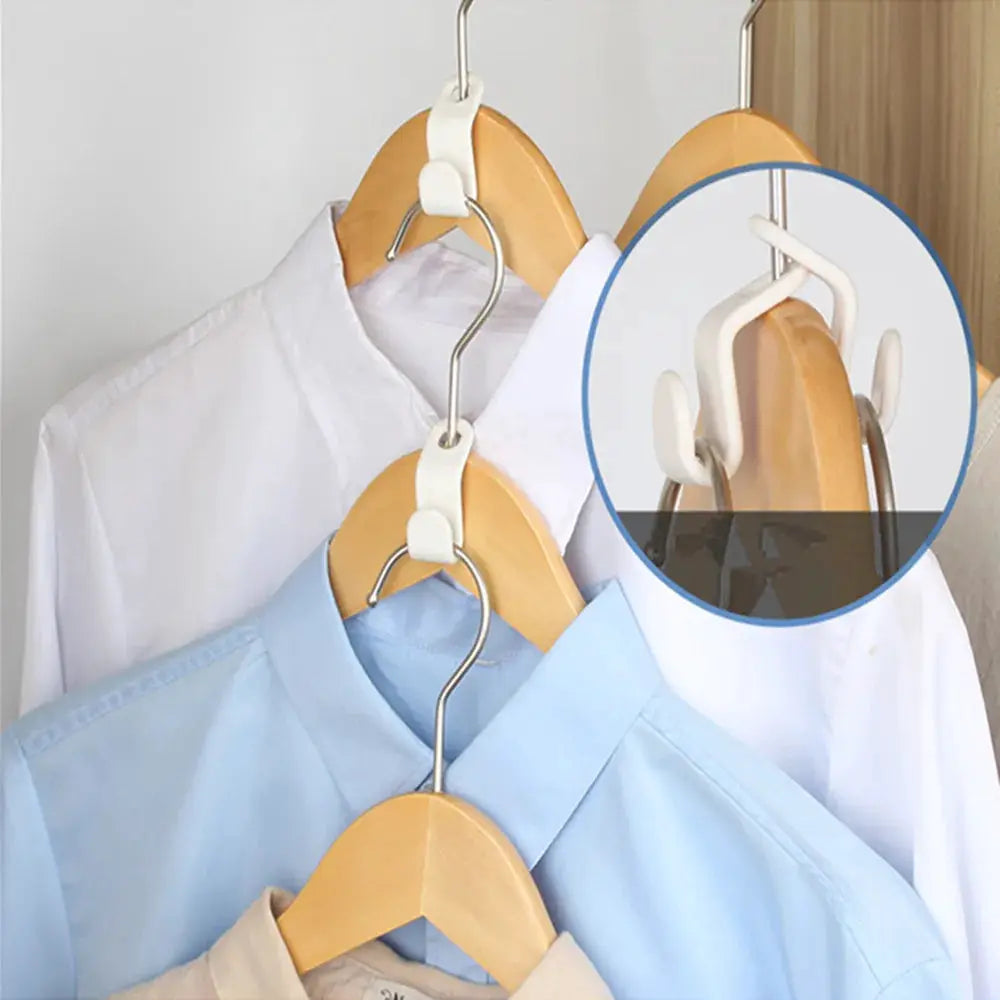 Mini wardrobe cascade hanger with white plastic connectors on wooden hangers; space-saving clothing organizer