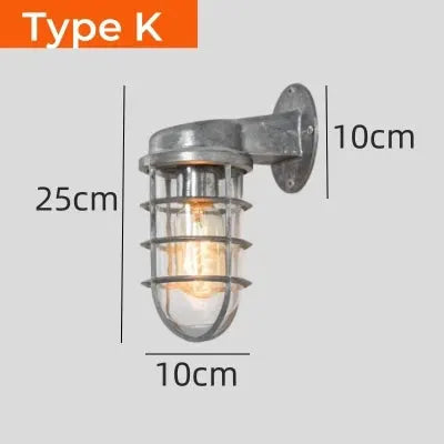 Outdoor Retro LED Wall Lamp IP65 waterproof, industrial metal cage with glass bulb, wall-mounted.
