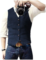 Men's suit waistcoat in navy wool herringbone tweed with V-neck and brown buttons