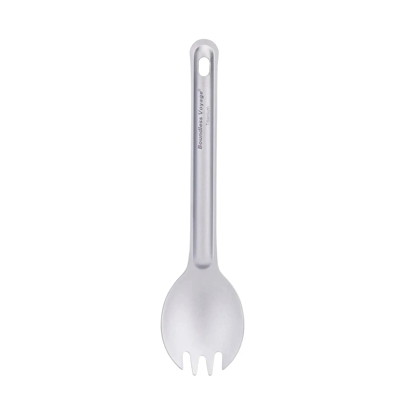 Boundless Voyage titanium spork by Simples Market, reusable camping flatware with hole in handle.