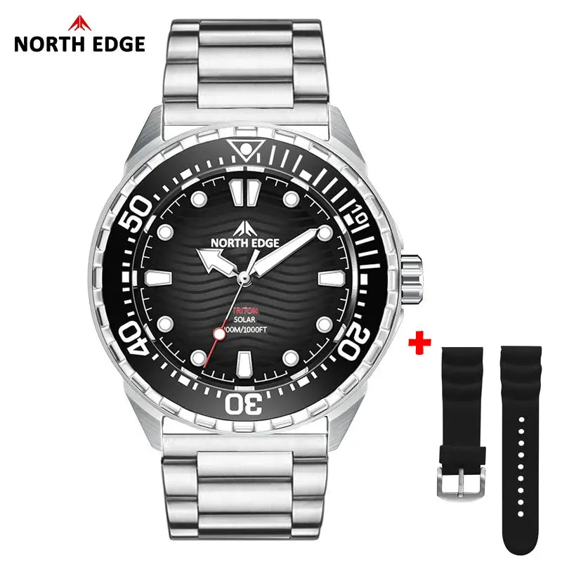 North Edge Triton-Ti diving watch with black dial, stainless steel bracelet, and extra strap