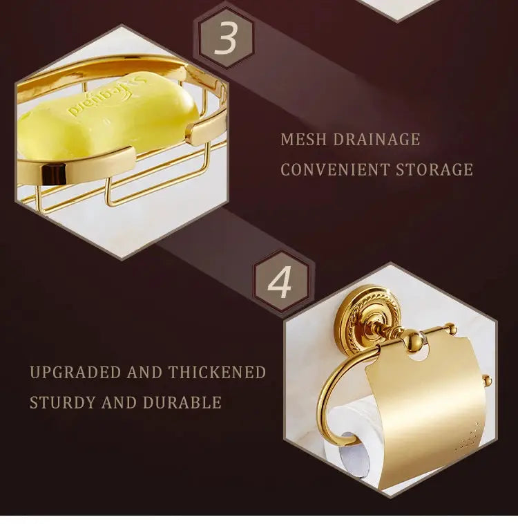 5-piece luxury gold brass bathroom set with robe hook, paper holder, towel bar, towel ring, soap dish Simples Market
