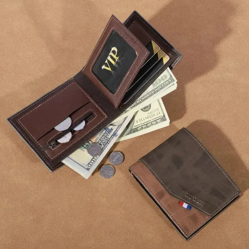 Men's brown leather high-capacity wallet by Simples Market with coin pocket; two-wallet set