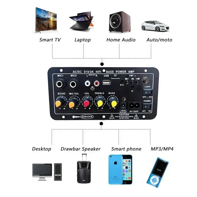 D10 Bluetooth Amplifier Board 30 120W Dual Microphone Inputs With Reverb Control For 4 Ohm Speakers 12V 24V 110V 220V