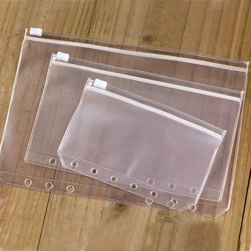 Simples Market 10-pack clear zipper binder pockets for 6-ring notebooks (A5–A7), transparent waterproof document pouches.