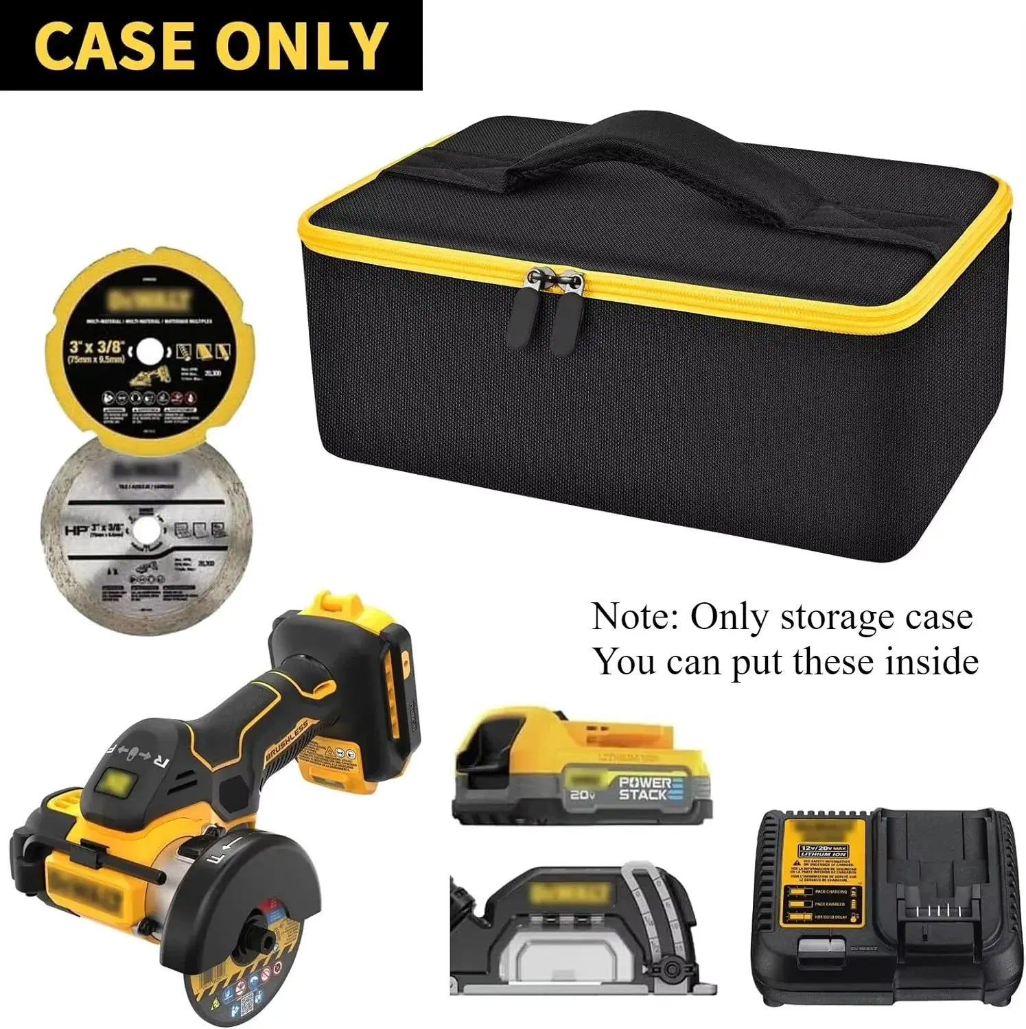 Storage bag for DEWALT 20V MAX DCS438B; black fabric case with yellow zipper and carry handle.