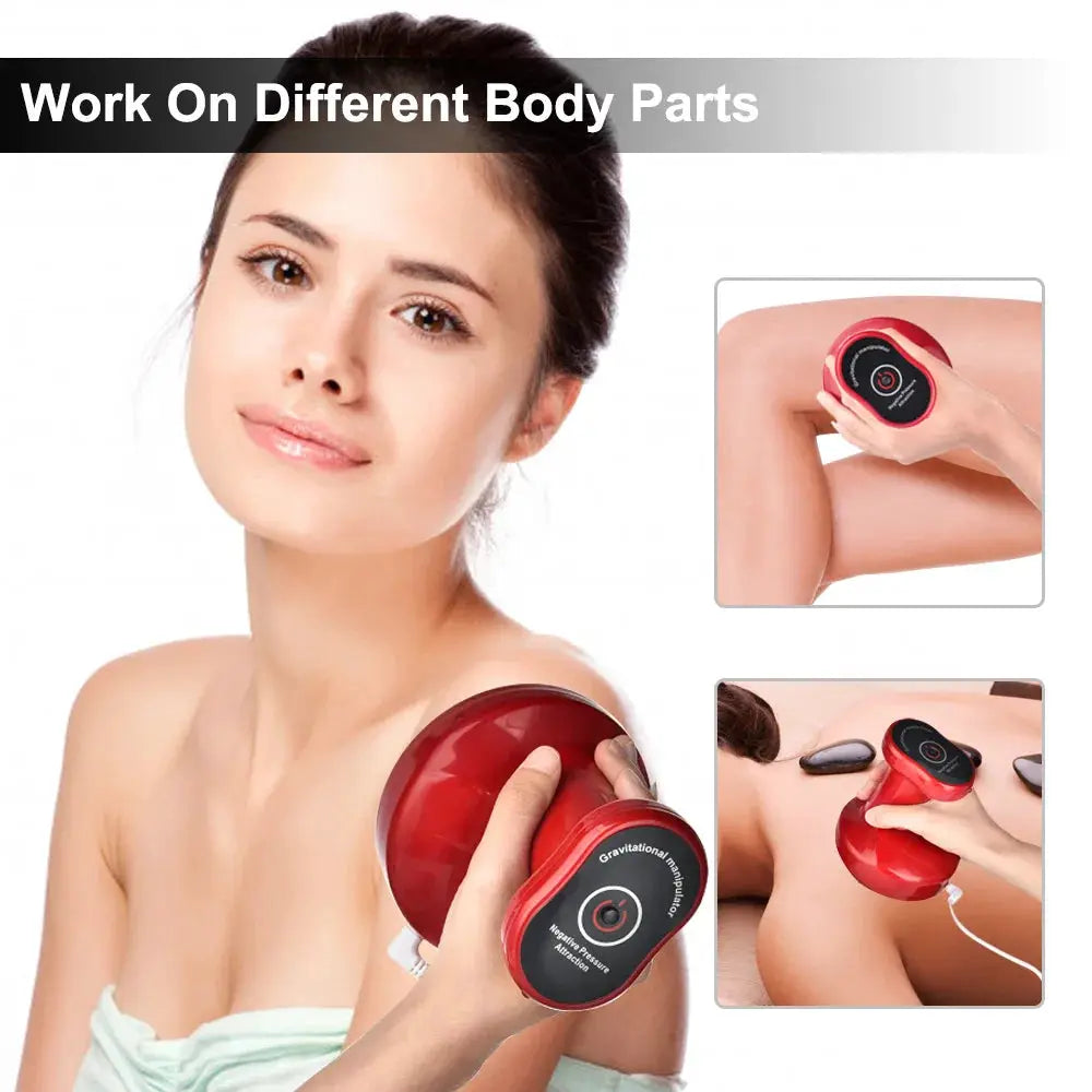Electric cupping massage device by Simples Market in red with digital control; collage showing shoulder and leg use.