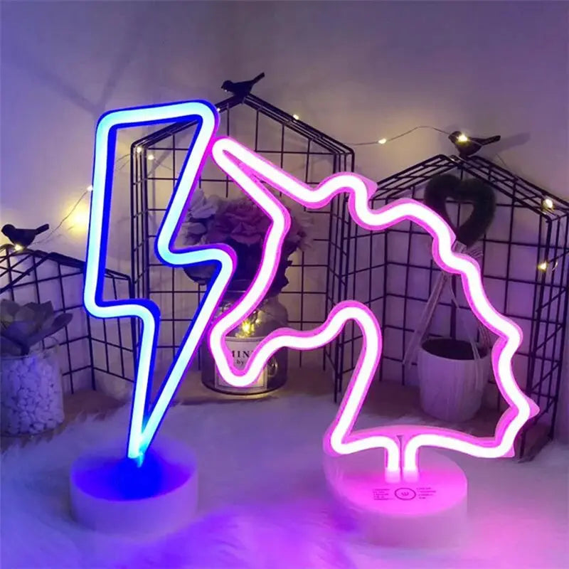 Simples Market neon sign USB LED decoration; blue lightning bolt and pink abstract shape, two-piece night lights
