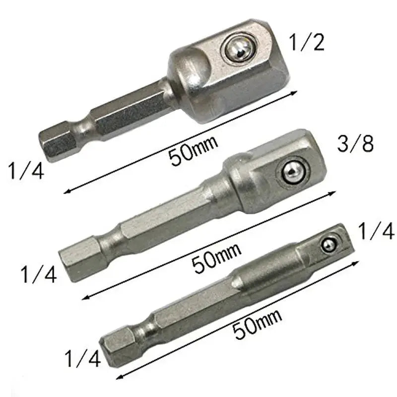 Three Piece Drill Socket Adapter Set Hex Shank To Square Drive For Impact Drills 1/4 3/8 1/2 Inch